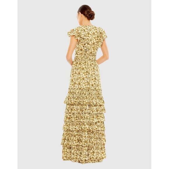 Mac Duggal Size 4 Beige Floral Tiered Ruffled Boho Maxi Dress Gown Cottagecore - Picture 4 of 15